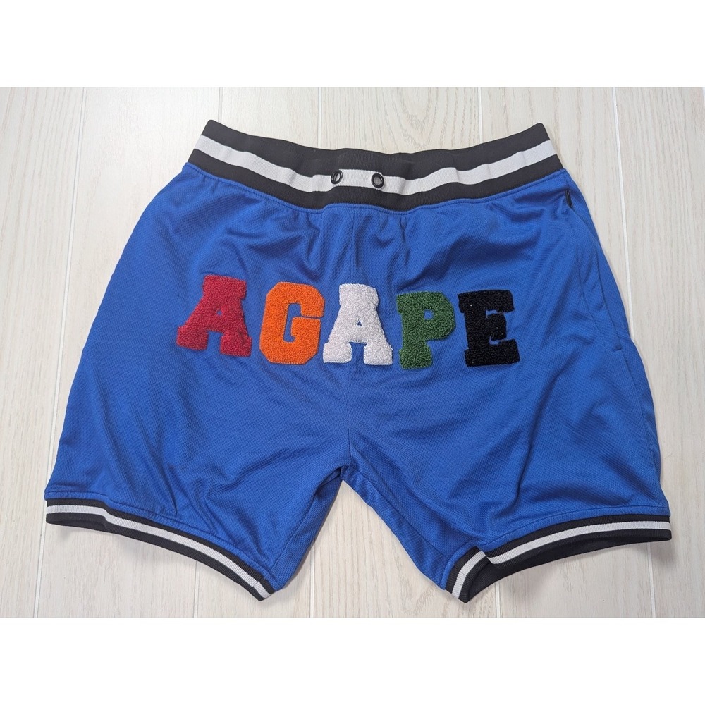 AGAPE Men's Blue Athletic Shorts Medium Rainbow Spellout Letters pockets FLAWS